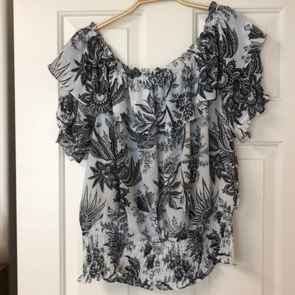 Black and white floral peasant style blouse